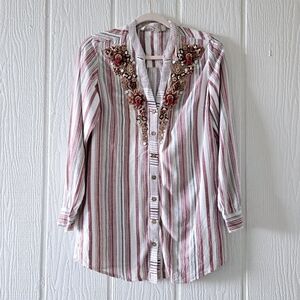 SOFT SURROUNDINGS Repose Beaded Striped Linen Blend Button Down Top Berry Small